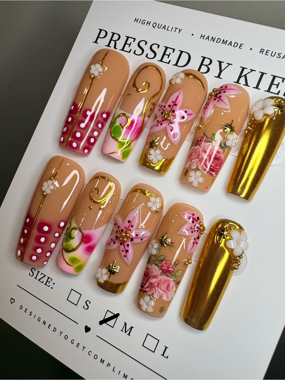 Floral Pink & Gold Pressed Nail Set